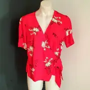 Women's size 12 'WAREHOUSE' Gorgeous red floral overlap short sleeve top - BNWT