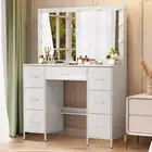 Bedroom Dressing Table White 7-Drawers Make up Desk Set With LED Lighted Mirror