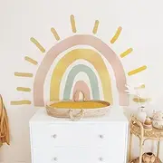 astrkiz Large Fabric Watercolor Boho Half Sun Wall Decals Peel and Stick, Rainbow Wall Murals Stickers, Pastel Sunrise Wall Art Decor for Kids Room Playroom Nursery Bedroom, 44.09" x 29.13"