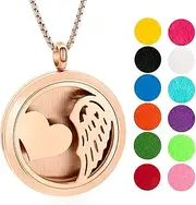 Oinsi Angel Wing&Heart Stainless Steel Pendant Necklace 30mm Round Perfume Aromatherapy Essential Oil Diffuser Locket with 12 pcs Pad, Stainless Steel, No Gemstone