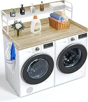 VEVOR Washing Machine and Dryer Worktop with 2 Tier Shelf, 137 x 70 cm Wood Washing Machine Dryer with Non-Slip Pads, Waterproof Laundry Cover, Oak