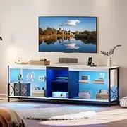 Dystler TV Stand for 55/60/65/75 Inch TV, Smart Gaming Entertainment Center with Lighting/Wireless Charging Station, Modern TV Cabinet with Adjustable Shelves for Living Room, Bedroom,White