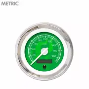 Speedo Gauge - Metric Ghost Flame Gn, White Modern Needles, Chrome Trim Rings