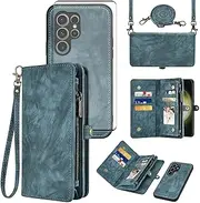 [Asuwish] Mobile Phone Case for Samsung Galaxy S23 Ultra 5G Case with Strap Film Screen Protector Card Slot Foldable Leather Flowers Wallet Stand S23Ultra 23S S 23 23Ultra Cases Protective Phone Case