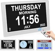YOUYU Digital Clock with Date, Dementia Clock Australia with 10.1 Inch Large LCD Screen, Electronic Alarm Clock & On Time Alarms, Auto Night Dimming, Remote Control, Digital Clocks for Elderly(White)