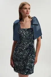 Tall Velvet Sequin Woven Mini Dress With Taffeta Bow Tie Detail