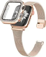JOYOZY Slim Stainless Steel Band Compatible with Apple Watch 38mm 40mm 41mm 42mm 44mm 45mm Milanese Strap with Bling Glitter Case Built-in Screen Protector Dressy Bracelet Band for Women