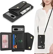 Lipvina for Google Pixel 7A Case with Card Holder and Strap - Zipper Pocket,Crossbody Lanyard Strap,Credit Card Holder,Cute Phone Wallet Case for Women(Black)