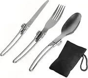 Set of 3 NUZAMAS Foldable Cutlery Camping Utensils Stainless Steel Knife and Fork Sets with Bag for Outdoor Camping Backpacking Travel