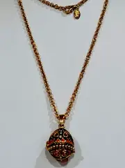 Signed Joan Rivers Vintage New Gold Plated Enamel Crystal Egg Necklace 32”
