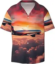 [DRTGEDS] Airplane Sunsets Sky Mens Casual Button Down Shirt Short Sleeve Cuban Shirts Printed Summer Shirt