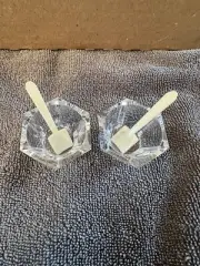 2 BACCARAT FRANCE CRYSTAL HEXAGON OPEN SALT PEPPER CELLARS CAVIAR DISH w/SPOONS