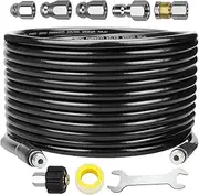 DERASL Sewer Jetter Kit for Pressure Washer 150FT, Newest 5800PSI Drain Cleaner Hose 1/4" NPT Angle, Accessory with 2 Spanners, 6 Jet Nozzles, with Pearl Brooch and Waterproof Tape