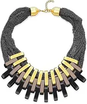 [Bling Jewelry] Fashion Black Chain Mail Golden Bronze Black Tri Tone Matte Metallic Color Geometric Modern Urban Hip Wide Big Fan Bib Statement Necklace for Woman Teen Adjustable