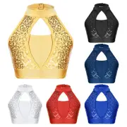 Kids Girls Shiny Sequins Crop Tops Jazz Modern Dance Performance Gymnastics Vest