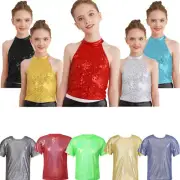 Kids Shiny Sequins Jazz Dance Tops Vest Short Sleeve Modern Performance T-Shirts