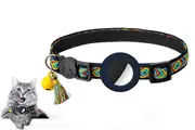 Pet Collar with Airtag Holder Geometric Pattern Cat Collar with Bell and Tassel-Dark blue
