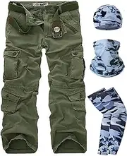 [HanzhuoLG] Men Cargo Overalls Tactical Military Camouflage Pants Work Training Camo Combat Offroad Army Male Clothing Baggy Large Size Straight Trousers For Men's + Sun Protection Kit Military green L