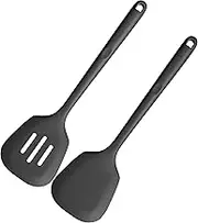 U-Taste 34.5cm Cooking Turners: 315℃ Heat Resistant Solid & Slotted Silicone Spatula Flipper, 9.5cm Wide & Large Rubber Kitchen Utensil for Nonstick Cookware (Black, 2 PCS)
