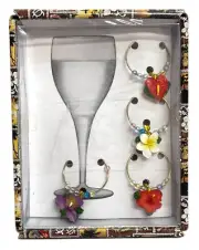 KC Hawaii Flower Wine Markers - Hawaiin Anthuriums w/ Beads -Beautiful Set of 4