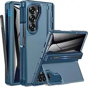 [Caka] for Samsung Galaxy Z Fold 6 Case [Thinner S Pen Holder] [Invisible Kicktand] [Hinge Protection] [Screen Protector] Shockproof Hard Phone Cover with Anti-Slip Textured for Fold6 - Privacy Blue