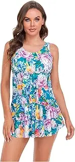 [BIMEI] Women's Tankini Pocketed Swimsuit Two Pieces Floral Print Ruffle Swimwear Plus Size Bathing Suit with Boyshort 22-001