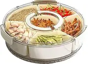 Round Divided Serving Tray, 360° Rotatable Snack Container, 6 Compartment Snack Box with Lid And Handle, Used for Storing Fruits, Candies, Nuts, Snacks