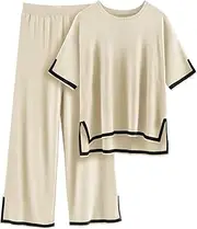 [HEEKPEK] Womens 2 Piece Lounge Sets Summer Outfits Sweater Set Matching Knit Short Sleeve Tops Wide Leg Pants Travel Suit