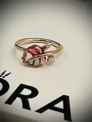 PANDORA ROSE GOLD MURANO GLASS PINK LEAF RING SIZE 7.5/56 188319PMU