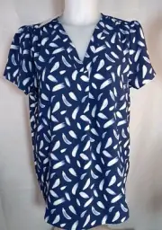 Hilary Radley Women Dark Indigo Off White Pattern Cap Sleeve Blouse Size Medium
