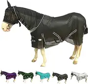 Majestic Ally Horse Fly Sheet with Neck Cover and Head Mask, Breathable UV and Bite Equine Protection, Adjustable Body Straps, Boarding or Turnout Accessory, Contoured Fit (Black, 80 Inch)