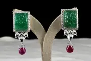 Natural Zambia Emerald Carved Burma Ruby Drop Rose Cut Diamond 18K Gold Earring