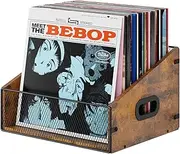 Vinyl Record Storage Holder, Trapezoidal LP Vinyl Record Crate with Handle, Wood & Metal Album Storage Desktop Organizer Box for Books Files, Rustic Brown