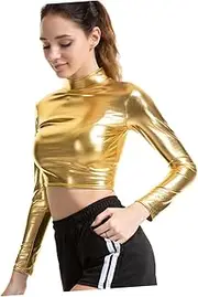[WRITWAA] Performance Clothes Pvc Leather Turtleneck Crop Top (golden) - s Metallic Shirt Women Wet Look Pvc Leather Shiny Top Turtleneck Tops Woman Women's Clothing