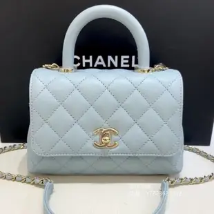 二手正品 CHANEL 香奈兒 MINI COCO HANDLE 藍色荔枝牛皮 手把金鍊 手提包 斜背包 兩用包 口蓋包