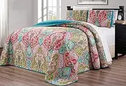 3-Piece Oversize (115" X 95") Fine Printed Prewashed Boho Decor Quilt Set Reversible Bedspread Coverlet (California) Cal King Size Bed Cover (Turquoise Blue, Sage Green, Orange, Terra Cotta Red)