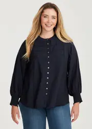 [Virtuelle] Taking Shape Andrea Shirred Cuff Button Top Size 10 in Navy, Viscose - Plus Size Women's Clothing Navy