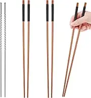 3 Pairs Extra Long Cooking Chopsticks - 15.3 Inch Stainless Steel and 16.5 Inch Wooden Kitchen Chopsticks for Hot Pot, Frying, Noodle, and Cooking Favor