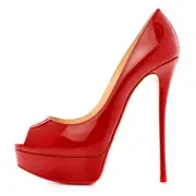 Christian Louboutin NIB Fetish 150 Red Patent Peep Toe Platform Heels Pumps 39.5