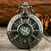 Half Hunter Compass Quartz Pocket Watch Necklace Pendant Chain Watch Unisex Gift
