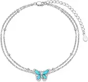 [BETHZA] Turquoise Butterfly Anklet 925 Sterling Silver Butterfly Adjustable Layered Foot Anklet Bracelet Beach Summer Jewelry Gifts for Women, Medium, Sterling Silver, turquoise