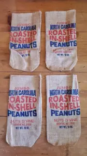 Vtg North Carolina Jumbo Roasted In Shell Peanut Burlap Sacks Nuts D Vine Qty 4