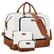 Travel Weekender Bag for Women, Overnight Bag with Shoe H-White 3pcs