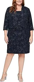 [Alex Evenings] Women's Short Sheath Glitter Knit Cocktail Jacket Dress with Square Neckline and Front Slit (Plus Size)