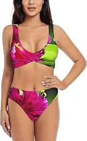 [EdWal] Hibiscus Flower Print Bikini Set for Women Halter Strapless Ruched Color Block Trim Swimsuit 2 Piece for Women