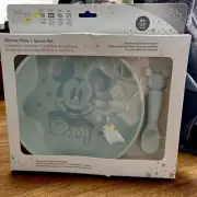 Disney Bumkins Plate & Spoon set-- Mickey Mouse Baby Blue