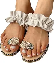 [FORVOLWCO] Women Casual Slippers Pineapple Rhinestone Flat Sandals - Shiny Clip Toe Flip Flops Pearl Bohemian Style Beach Shoes - Summer Elegant Toe Ring Slipper (Color : Beige, Size : 5)