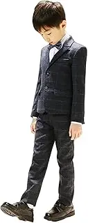 [Kromoc] Boys' Checked Plaid Suit Three Pieces Peak Lapel Single Breasted Tuxedos Formal Wedding Daily