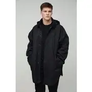 Mens Black Tall Cord Collar Oversized Hooded Parka Jacket