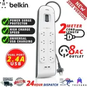 Belkin 8 Way Outlet Surge Protector 2M Power Board Economy 2.4A USBx2